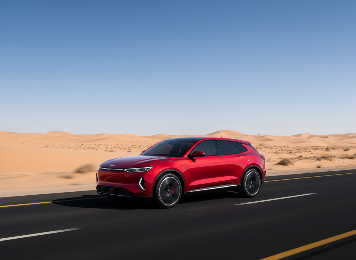 Modern red SUV in a Gulf desert highway setting at midday, sharp editorial automotive photography, clean sky background, no visible logos or text