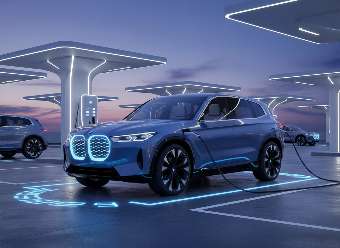 Sleek electric SUV in BMW-style design, metallic blue paint, plugged into a fast-charging station at a modern charging hub, dusk lighting with blue and white ambient lights, futuristic automotive photography, no visible logos or text